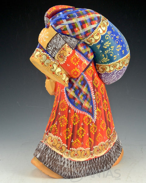 Colorful Russian Santa Carving Walking with Staff and Large Toy bag 10.5 inch