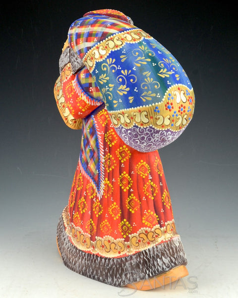 Colorful Russian Santa Carving Walking with Staff and Large Toy bag 10.5 inch