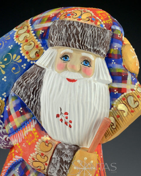 Colorful Russian Santa Carving Walking with Staff and Large Toy bag 10.5 inch