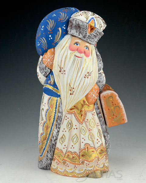 White and Gold Decorative Russian Santa with Toy Bag and Satchel 9.5 inch