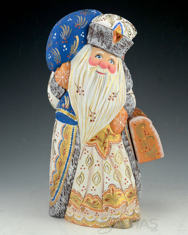 White and Gold Decorative Russian Santa with Toy Bag and Satchel 9.5 inch