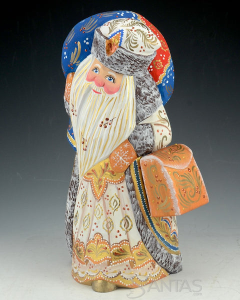 White and Gold Decorative Russian Santa with Toy Bag and Satchel 9.5 inch