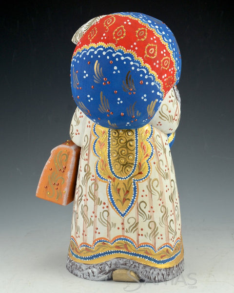 White and Gold Decorative Russian Santa with Toy Bag and Satchel 9.5 inch
