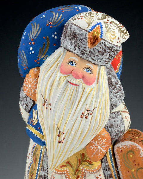 White and Gold Decorative Russian Santa with Toy Bag and Satchel 9.5 inch