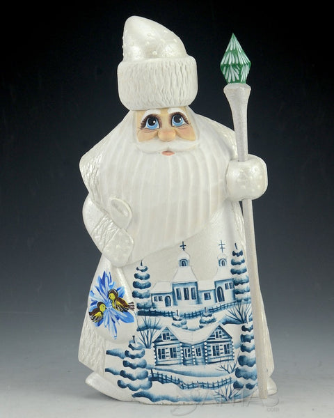 Pearly White and Blue Russian Santa Carving with Snowy Church Scenes 7.5 inch