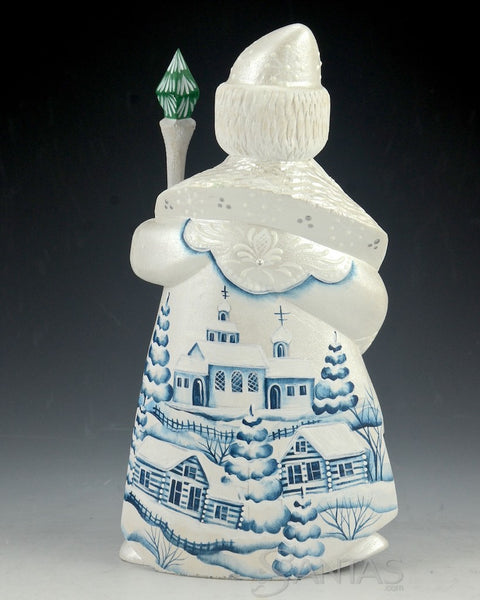 Pearly White and Blue Russian Santa Carving with Snowy Church Scenes 7.5 inch