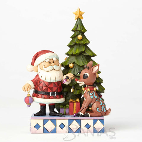 Santa and Rudolph in Lights by Tree