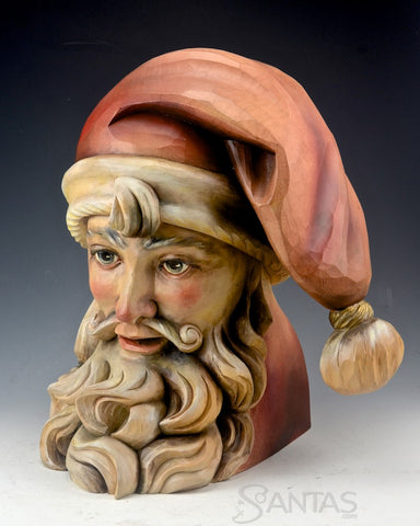 European Hand Carved Wooden Santa Claus Head