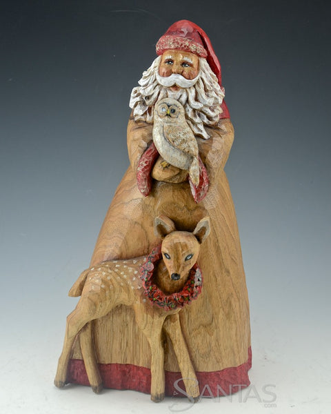 Peaceful Forest Santa with Deer and Owl Carving by Barbara Scoles