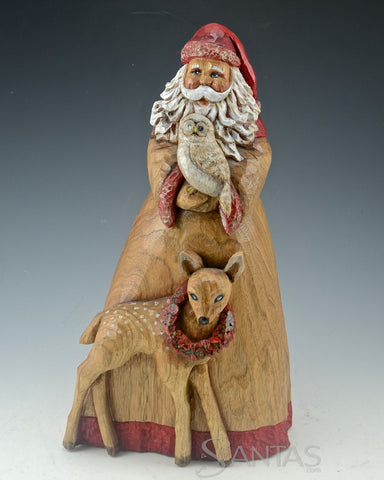 Peaceful Forest Santa with Deer and Owl Carving by Barbara Scoles