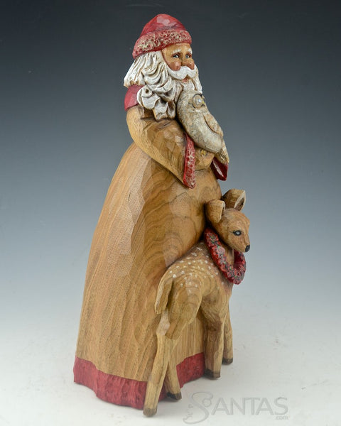 Peaceful Forest Santa with Deer and Owl Carving by Barbara Scoles