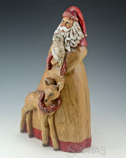 Peaceful Forest Santa with Deer and Owl Carving by Barbara Scoles