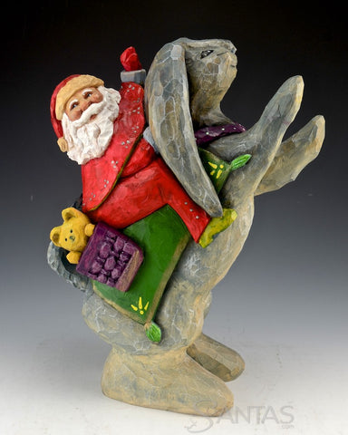 Santa Riding the Rabbit Wood Carving by Barbara Scoles