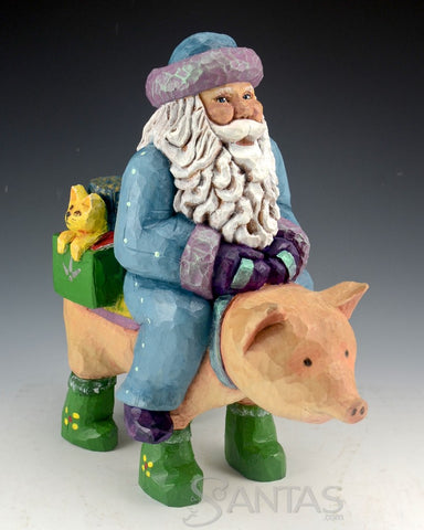 Santa Riding his Garden Pig Wood Carving by Barbara Scoles