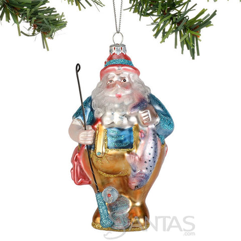 Fishing Santa with Salmon Glass Ornament Department 56