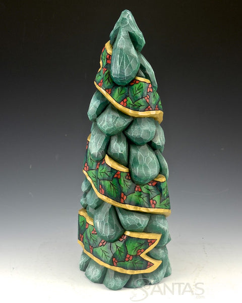 12 inch Holly Ribboned Evergreen Wood Carving by Dave Francis