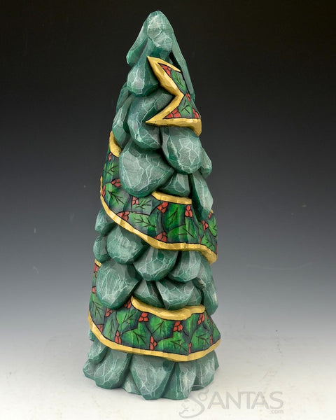 12 inch Holly Ribboned Evergreen Wood Carving by Dave Francis