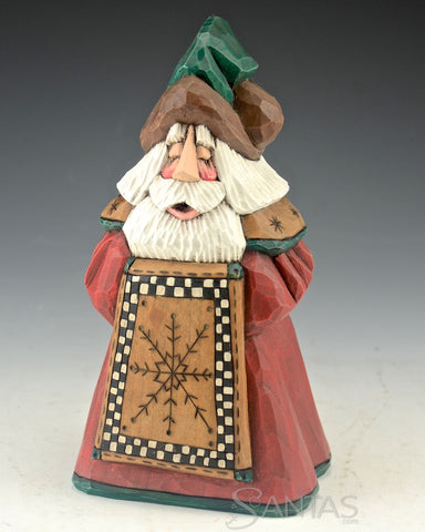 Snowflake Quilt Wooden Santa Carving by Dave Francis 7 inch