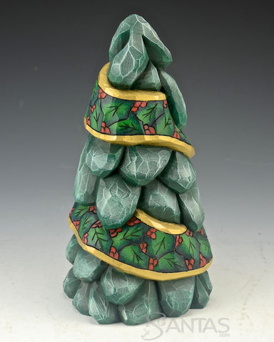 8 inch Holly Ribboned Evergreen Wood Carving by Dave Francis