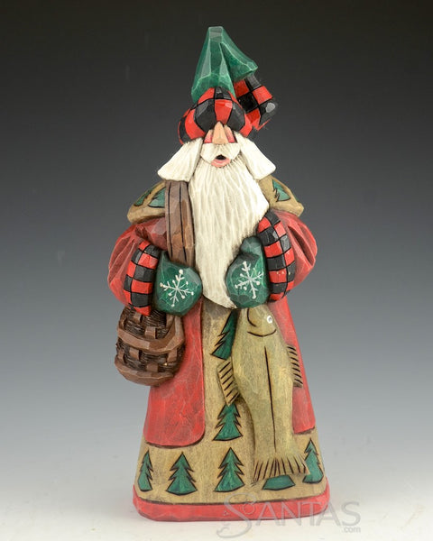 Fish and Creel Fisherman Carving by Dave Francis 9 inch