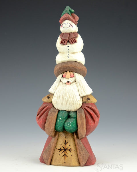 Snowman Tall Hat Santa Carving 9"