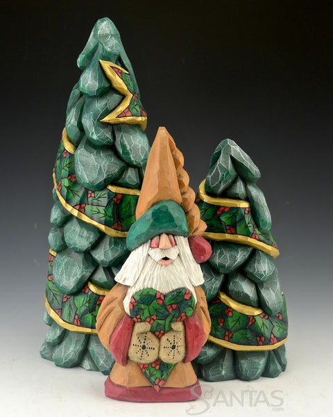 12 inch Holly Ribboned Evergreen Wood Carving by Dave Francis