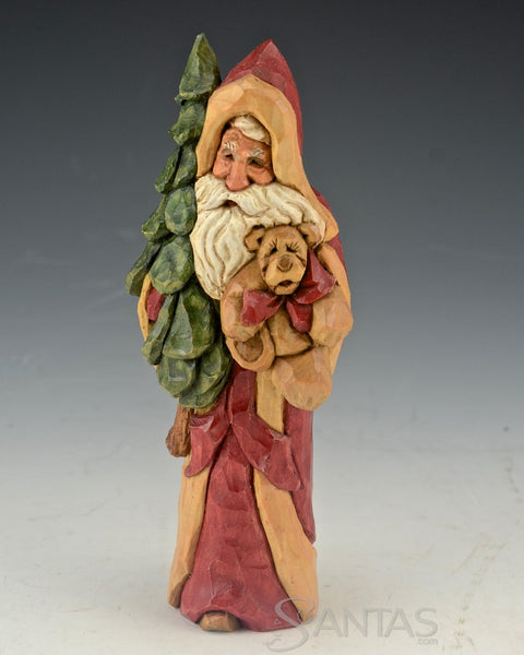 Ellis Olson 6 inch Wood Carved Santa with Tree and Bear