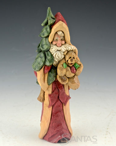 Ellis Olson 6 inch Carved Santa with Evergreen and Bear