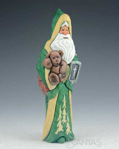 Woodsy Green Santa with Bear and Lantern