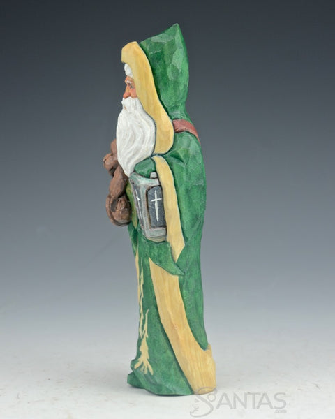 Woodsy Green Santa with Bear and Lantern