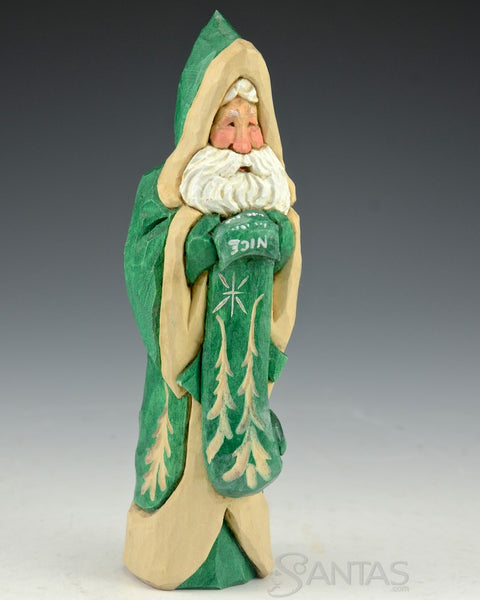 Ellis Olson 6 inch Green Santa Carving with Nice List