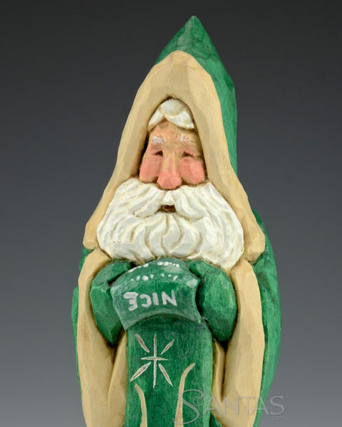 Ellis Olson 6 inch Green Santa Carving with Nice List