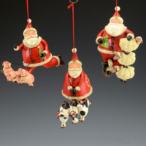 Santa with Pigs Sheep and Cows - set of 6 ornaments