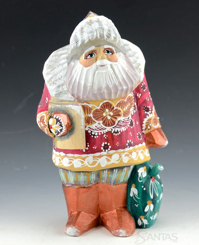 Wood Russian Santa with Book and Toy Bag