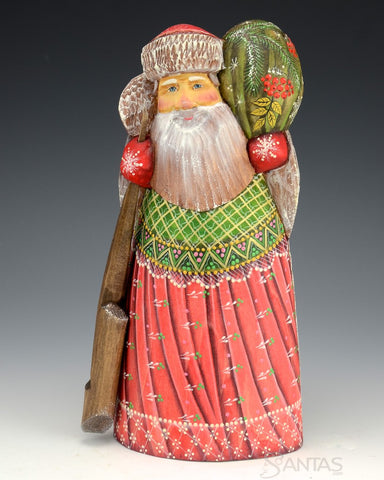 Red and Green Russian Santa with Holly Toy Bag