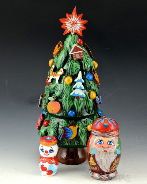 Decorative Tree Nesting Doll with Santa and Snowman