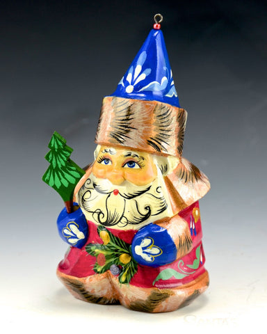 Wood Santa Ornament with Tree - Red-blue
