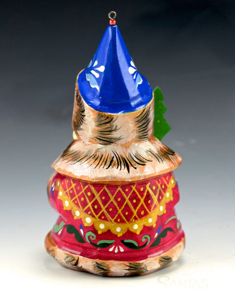 Wood Santa Ornament with Tree - Red-blue