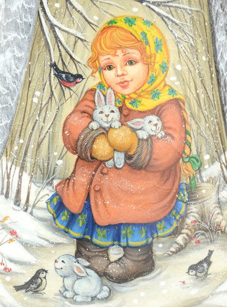 Russian Santa with Girl and Bunny Rabbits