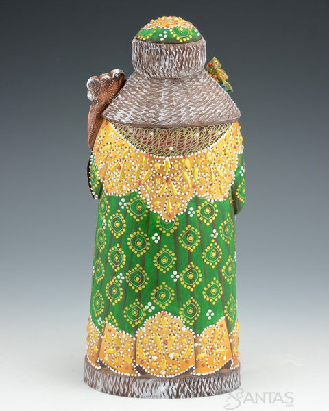 Green and Gold Russian Santa with Bear Cub