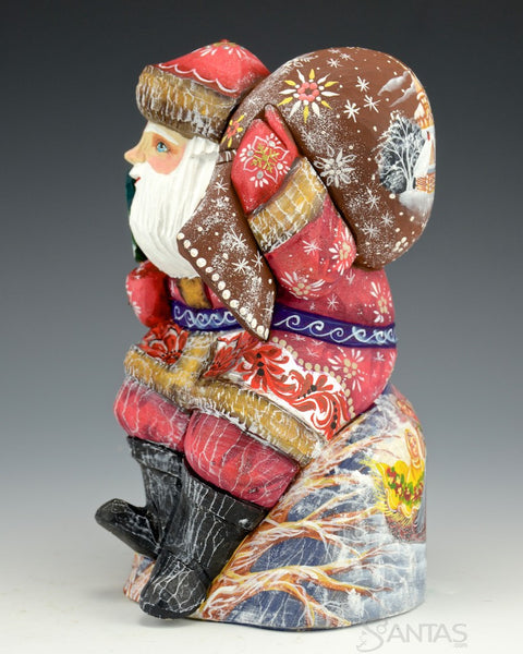 Russian Santa with Troika Scene and Toy Bag