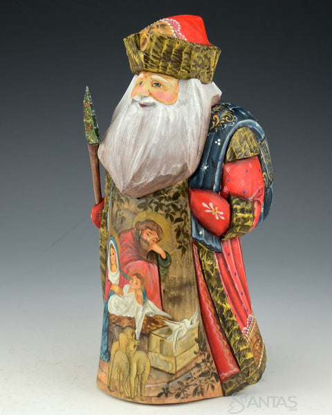 Red and Gold Decorated Russian Santa with Nativity