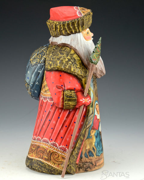 Red and Gold Decorated Russian Santa with Nativity
