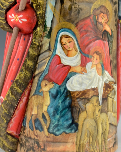 Red and Gold Decorated Russian Santa with Nativity