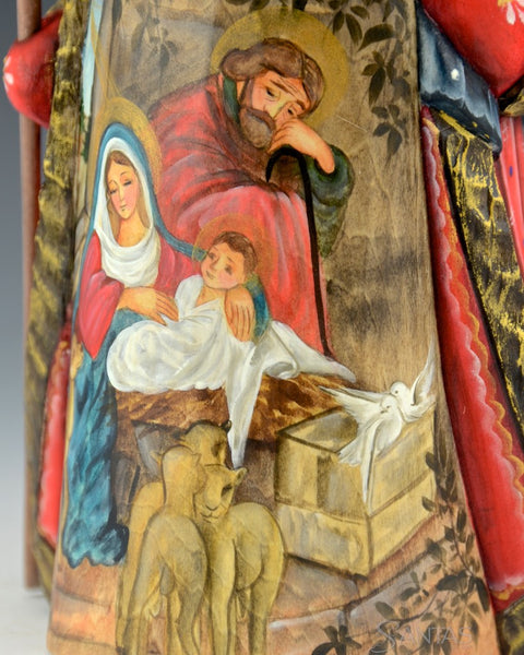 Red and Gold Decorated Russian Santa with Nativity