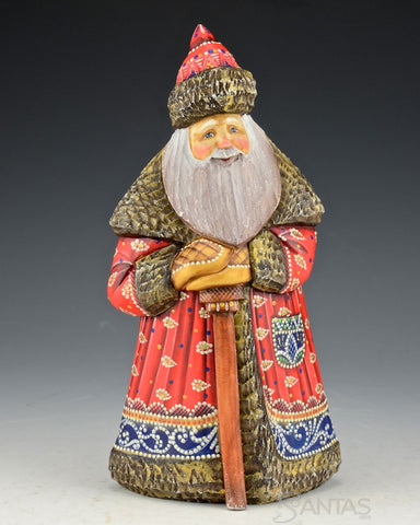 Red, Blue and Frosted Gold Russian Santa with Staff