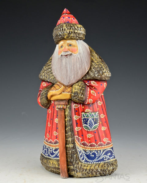 Red, Blue and Frosted Gold Russian Santa with Staff