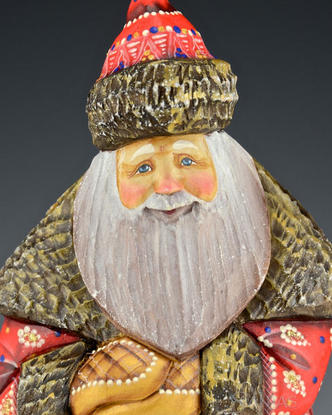 Red, Blue and Frosted Gold Russian Santa with Staff