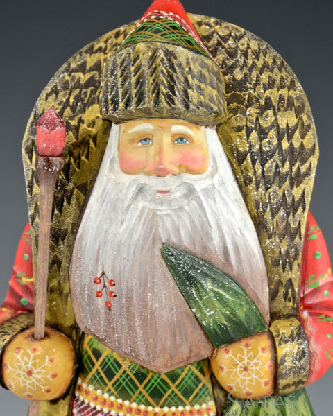Red Green and Gold Frosted Santa with Christmas Tree
