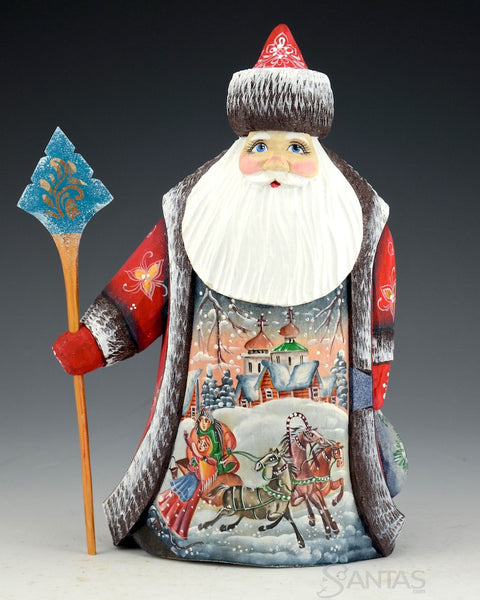 Russian Red Scenic Santa with Staff and Small Gift Bag